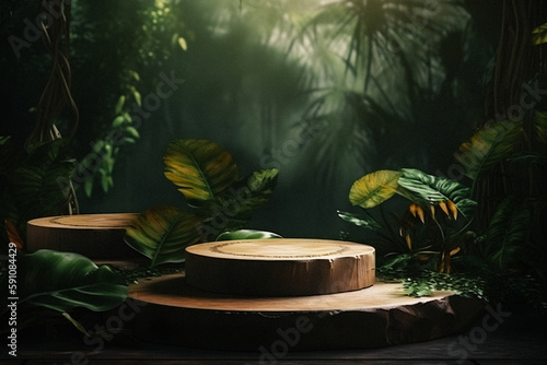 Mockup Podium Photography  A Stunning Jungle-Themed Empty Space with Nature Background  Perfect for Professional Product Display
