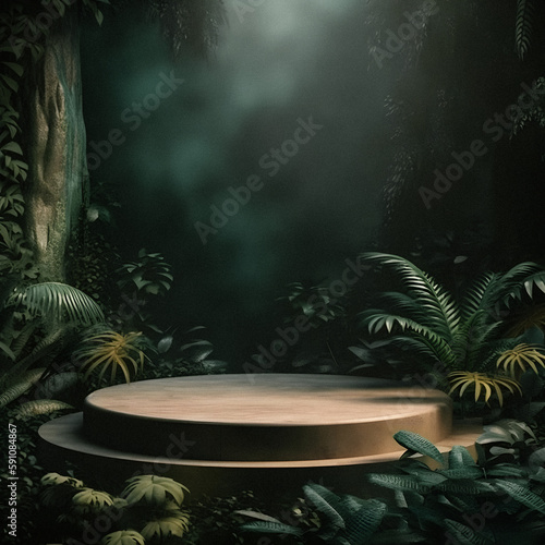 Mockup Podium Photography: A Stunning Jungle-Themed Empty Space with Nature Background, Perfect for Professional Product Display