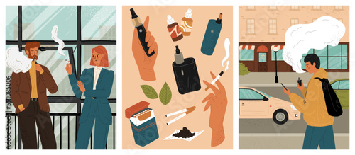 Business people smoke in office smoking area. Smoking concept vector posters set. Teen guy walk on a street and smokes vape. Electronic cigarettes, vaper, hand with cigarette, isolated objects