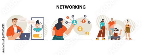 Networking concept set. Employees collaboration, establishment of partnerships