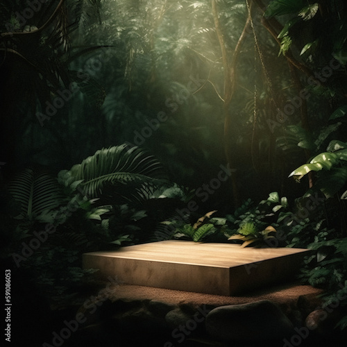 Bringing Nature Indoors: Professional Photography of Jungle-Themed Empty Space Mockup Podium with a Stunning Nature Background for Product Display