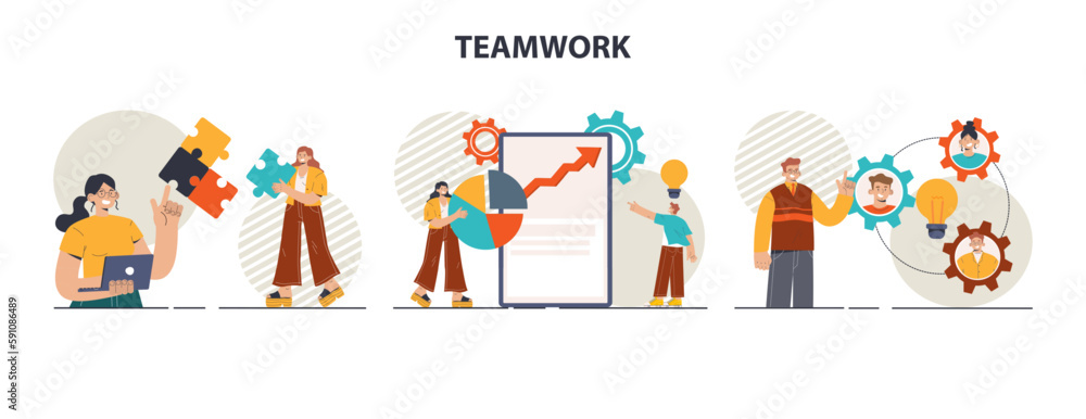 Obraz premium Teamwork set. Office characters collaborating for additional business