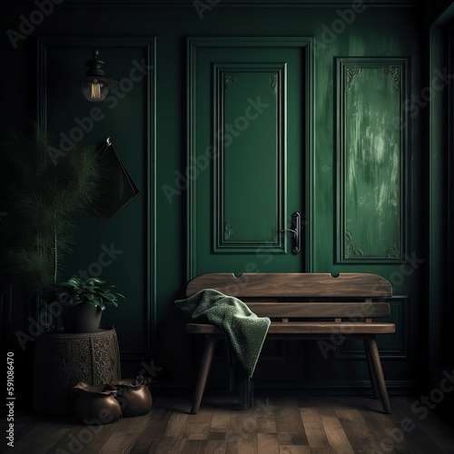 interior of a room with a chair, green walls, green panelling, god light, vintage style, interior design, AI generated image, AI design