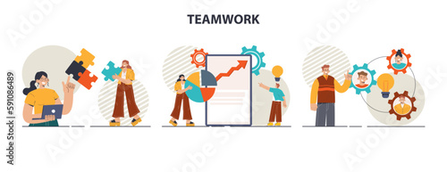 Teamwork set. Office characters collaborating for additional business