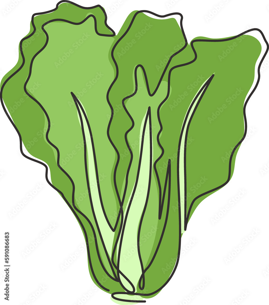 One single line drawing of whole healthy organic mustard green leaves for farm logo identity. Fresh brassica juncea concept for vegetable icon. Modern continuous line draw design vector illustration