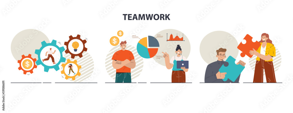 Obraz premium Teamwork set. Office characters collaborating for additional business
