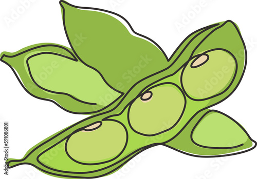 One continuous line drawing of whole healthy organic green edamame for farm logo identity. Fresh Japanese pea concept for vegetable icon. Modern single line draw design graphic vector illustration