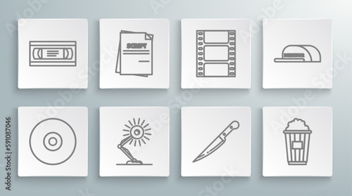 Set line CD or DVD disk, Scenario, Table lamp, Knife, Popcorn in cardboard box, Play Video, Cap with inscription director and VHS video cassette tape icon. Vector