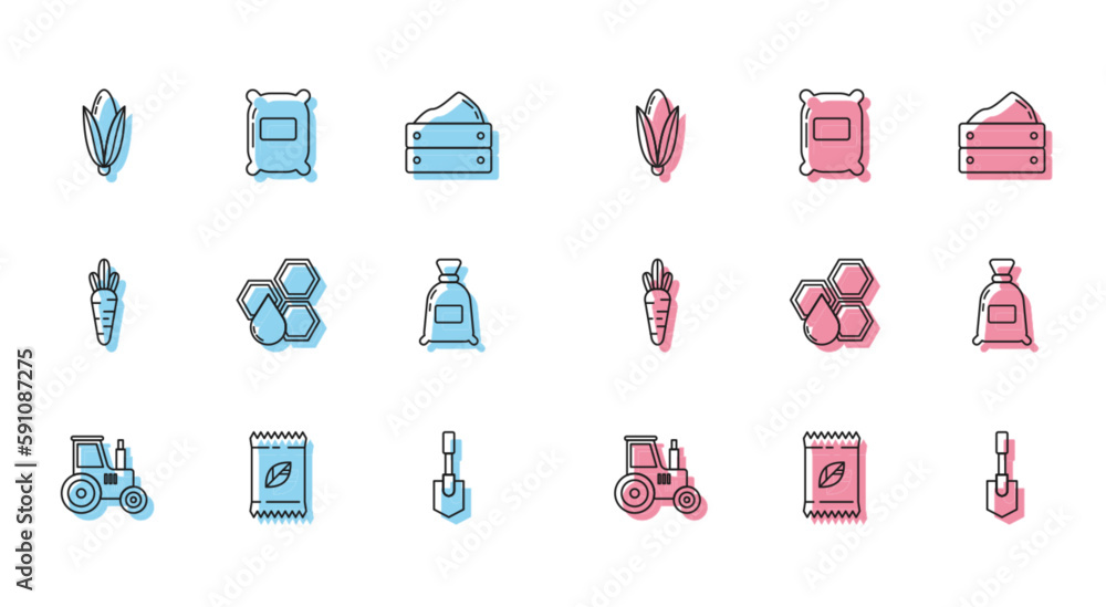 Set line Tractor, A pack full of seeds of specific plant, Corn, Shovel, Honeycomb, Bag flour, Carrot and icon. Vector Set line Tractor, A pack full of seeds of specific plant, Corn, Shovel, Honeycomb, Bag flour, Carrot and icon. Vector