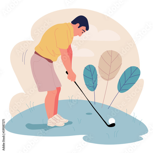 Active lifestyle. Characters enjoying being outside, playing golf in the city