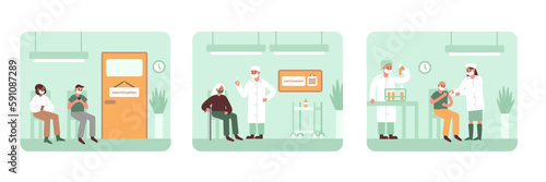 Set of cartoon characters of doctors and patients engaged in vaccination. Immune system health. Time to get vaccinated against diseases. Protection from pandemic outbreak. Vector