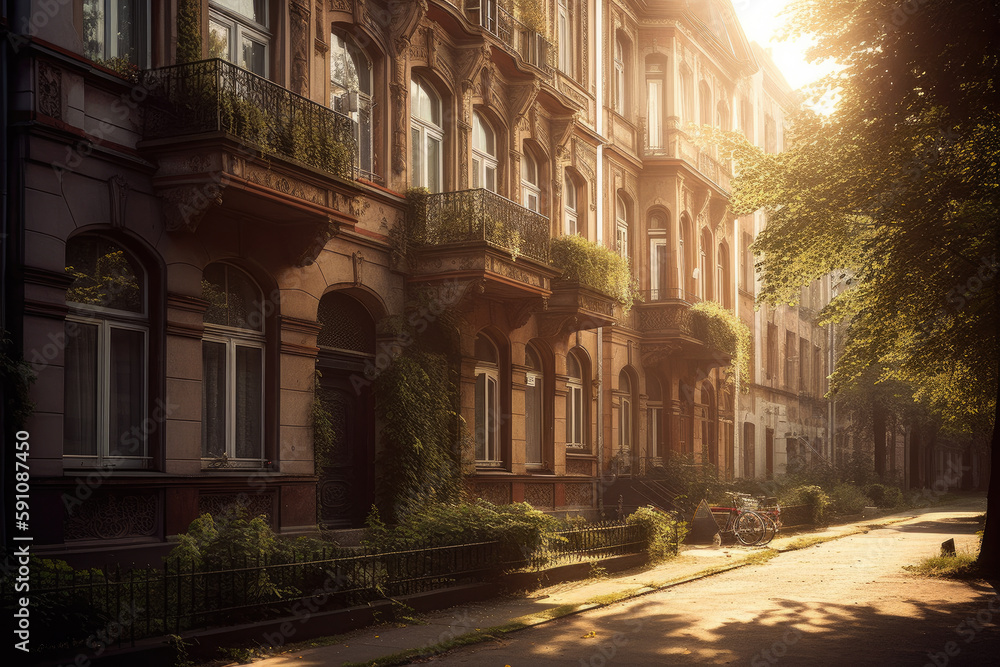 typical berlin apartment building in the sunrise created with Generative AI technology