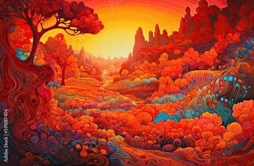 illustration of landscape with sunset. Generative AI image. © Ilona