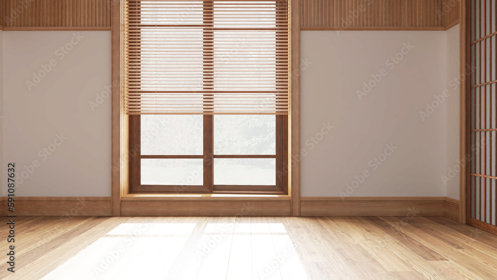 Empty room interior design, open space with parquet floor, big window with venetian blinds, wooden and white walls, modern architecture concept idea Empty room interior design, open space with parquet floor, big window with venetian blinds, wooden and white walls, modern architecture concept idea