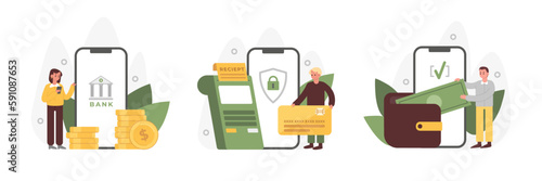 Set of different cartoon characters making bank deposits and investments. Modern finance management strategies. Business investment profit and valuable economic resources. Vector