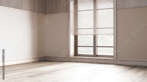 Empty room interior design, open space with parquet floor, big window with venetian blinds, bleached wooden and white walls, modern architecture concept idea