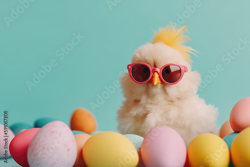 Funny chick in glasses surrounded easter colored egg in pastel toned on blue background. Easter card