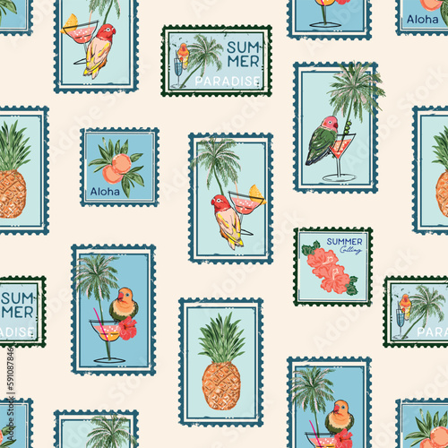 Trendy Summer Vacation Seamless pattern. Travel in Summer Vibes , Stamp , Bird ,Hibiscus flower