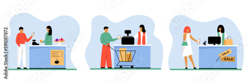 Set of cartoon characters of young people making cashless payments using banking apps. Modern and safe digital money transactions. Secure banking services. Vector