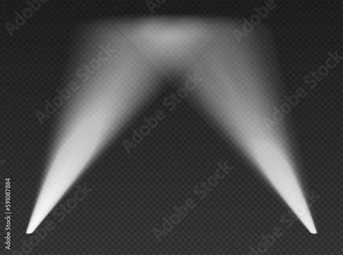 Two white searchlights in the air. Cone volumetric lights from bottom with darkened edges. Spotlight effect on dark background. Empty studio or concert scene. 3d rendering.