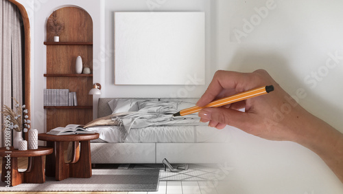 Architect interior designer concept: hand drawing a design interior project while the space becomes real, wooden japandi bedroom with double bed and decors