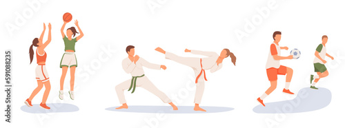 Set of cartoon characters of young athletic people doing different kinds of sports. Active and healthy lifestyle. People engaged in playing basketball, football and taekwondo. Vector