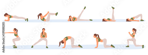 Set of cartoon character of athletic woman doing morning exercises. Lady in sportswear practicing yoga alone. Regular physical activity and healthy lifestyle. Training indoor alone. Vector