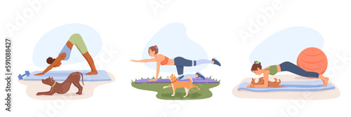Set of cartoon characters of young people training with their pets. Time for exercises in presence of dogs. Morning workout to loss weight. Active and healthy lifestyle. Vector