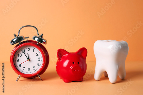 Red piggy bank with tooth model and alarm clock on orange background.
