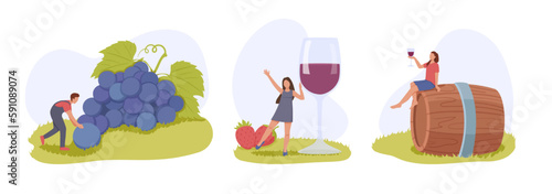 Set of cartoon characters making wine from organic grapes. Young people dealing with winemaking process. Group of people making alcoholic drinks. Vector