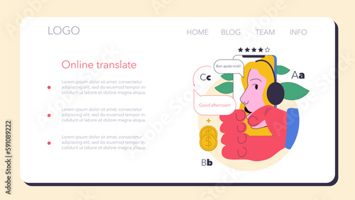 Translation service. Character making money on translating a foreign