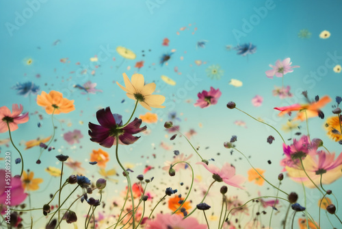 pastel nature peony valentine blue art pink flower falling flying. Generative AI. © VICHIZH