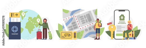 Set of colored cartoon characters of young people preparing to discover new places. Time for travel abroad. Tourists planning to visit sightseeing during holidays. Vector