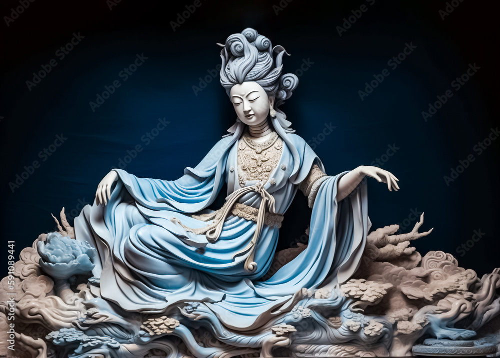 Guanyin, the goddess of compassion and mercy in Chinese Buddhism, including exquisitely crafted sculptural paper constructions and woodcarvings. generative AI