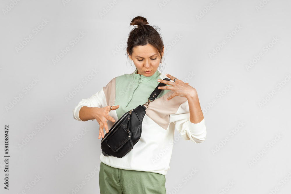 Woman with Black Leather Crossbody Fanny Pack Bag Woman with Black Leather Crossbody Fanny Pack Bag