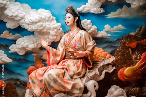 Guanyin, the goddess of compassion and mercy in Chinese Buddhism, including exquisitely crafted sculptural paper constructions and woodcarvings. generative AI photo