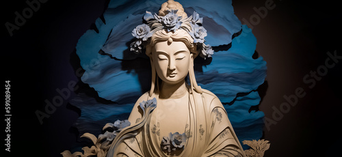 Guanyin, the goddess of compassion and mercy in Chinese Buddhism, including exquisitely crafted sculptural paper constructions and woodcarvings. generative AI