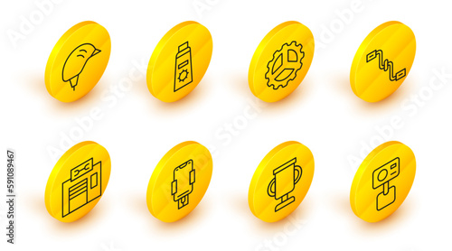 Set line Action extreme camera, Award cup with bicycle, Mobile holder, Bicycle repair service, pedals, sprocket crank, Sunscreen cream in tube and helmet icon. Vector