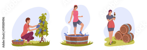 Set of cartoon characters of young women making natural wine. Time for winemaking process with organic grapes. Making alcohol drinks. Wine production industry. Vector