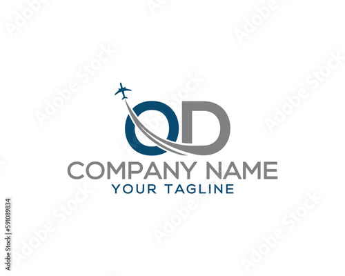 Letter OD with plane and airline unique logo design. Tourism, travel, airways identity and flight company creative vector icon.