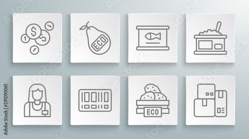 Set line Seller, Healthy organic pear, Barcode, Wooden box for fruits, Cash register machine, Canned fish, Tin can with caviar and Coin money dollar icon. Vector