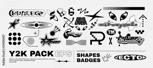 Vector Graphic Assets Set. Bold modern Shapes for Posters Template, flyers, clothes, social media, graphic design, sticker, In Y2k style, Futuristic, Anti-design, Retro Futurist.