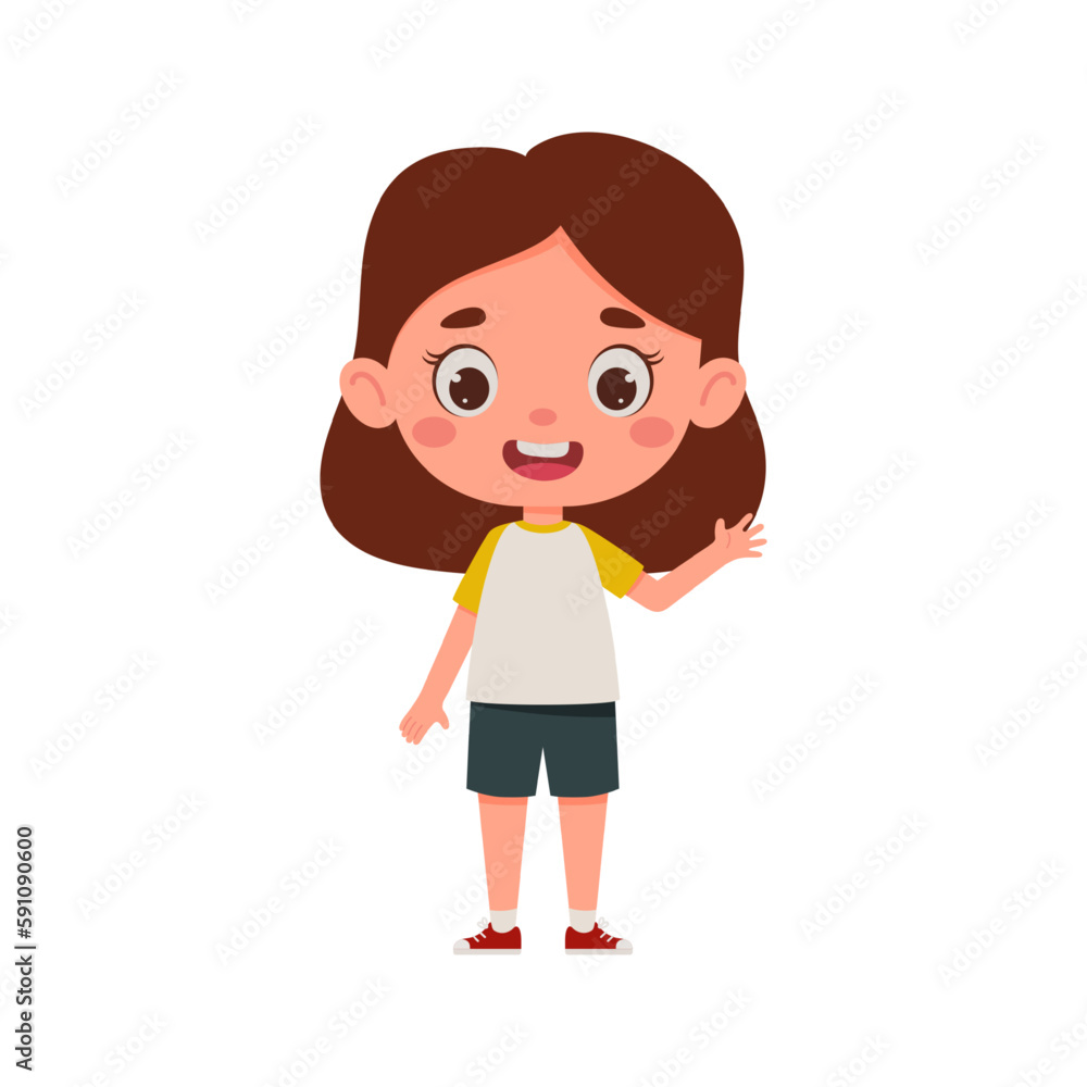 Cute cartoon little girl waving her hand. Little schoolgirl character. Vector illustration Cute cartoon little girl waving her hand. Little schoolgirl character. Vector illustration