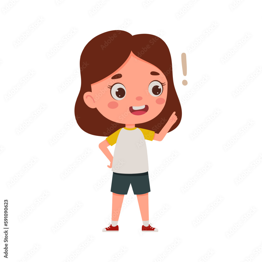 Cute little kid girl with great idea. Cartoon schoolgirl character show facial expression. Vector illustration