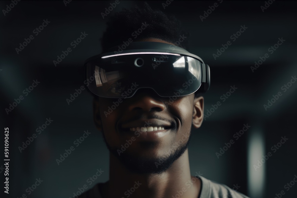 A young guy is wearing virtual reality glasses or VR head set and playing in virtual reality A young guy is wearing virtual reality glasses or VR head set and playing in virtual reality