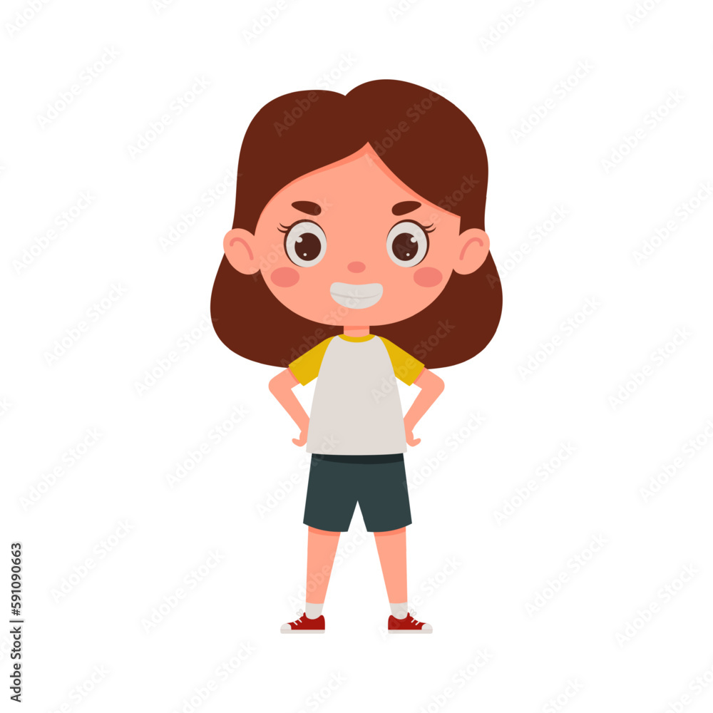 Cute little kid happy girl smile. Cartoon schoolgirl character show facial expression. Vector illustration