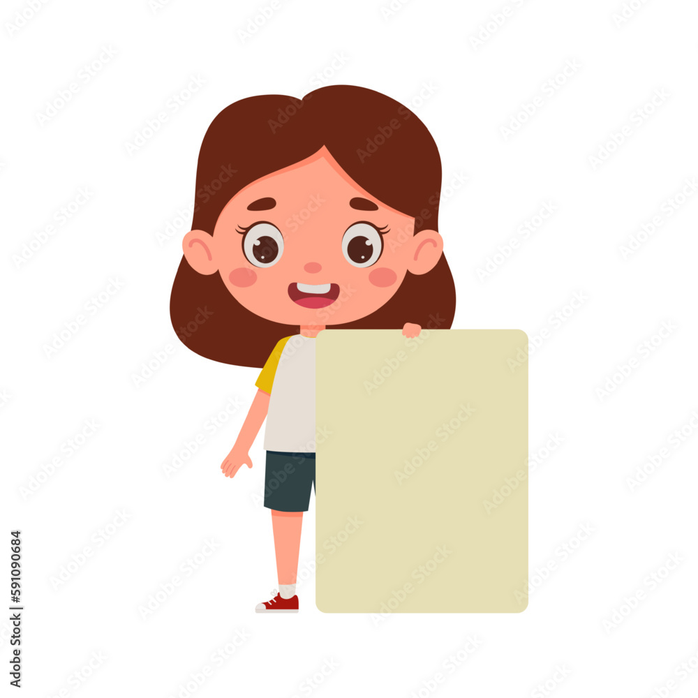 Cute little kid girl with empty blank paper. Cartoon child character. Vector illustration Cute little kid girl with empty blank paper. Cartoon child character. Vector illustration