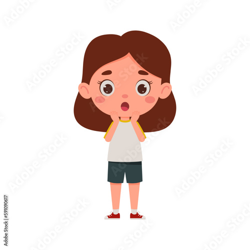 Cute cartoon little scary girl. Little schoolgirl character show facial expression. Vector illustration