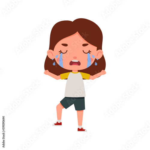 Cute little kid girl cry. Cartoon schoolgirl character show facial expression. Vector illustration