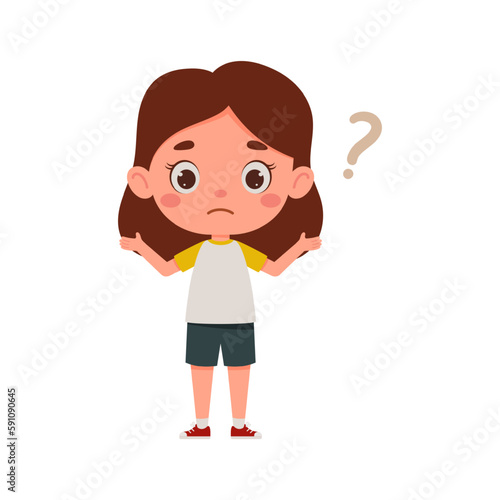 Cute little kid girl confused with question mark. Cartoon schoolgirl character show facial expression. Vector illustration